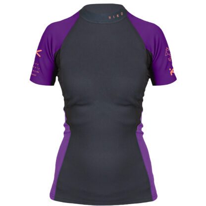 Short-sleeved, figure-hugging, black neoprene shirt with purple sleeves and sides. Small, orange lettering (Hiko logos) on the collar and on the sides of the sleeves.