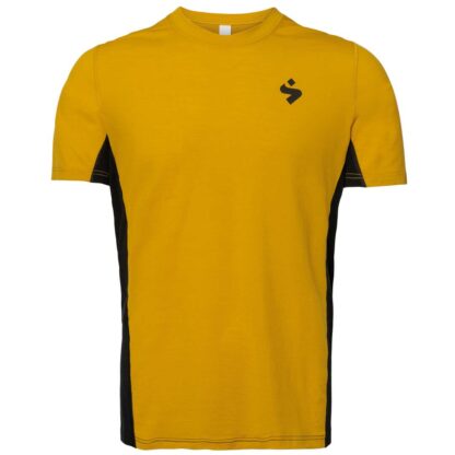 The Sweet Hunter Merino T-shirt is yellow and has black stripes on the sides and lower back.